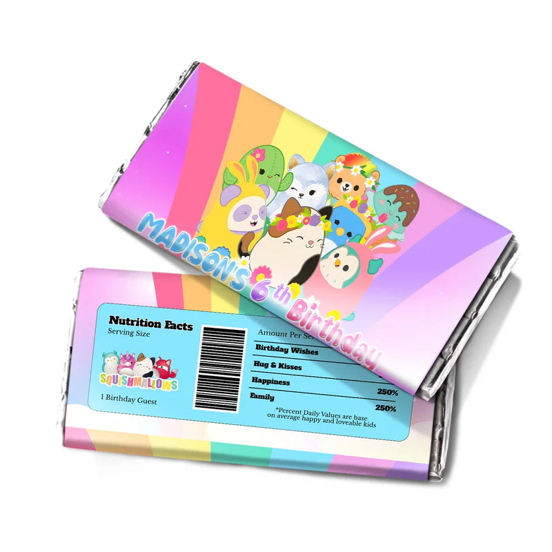 Squishmallows chocolate label, wrapped candy bar.