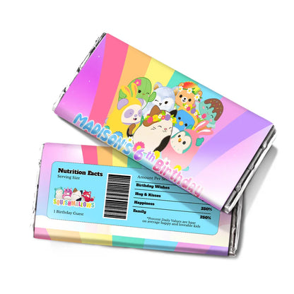 Squishmallows chocolate label, wrapped candy bar.