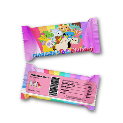 Squishmallows rice krispies & candy bar labels, colorful set.