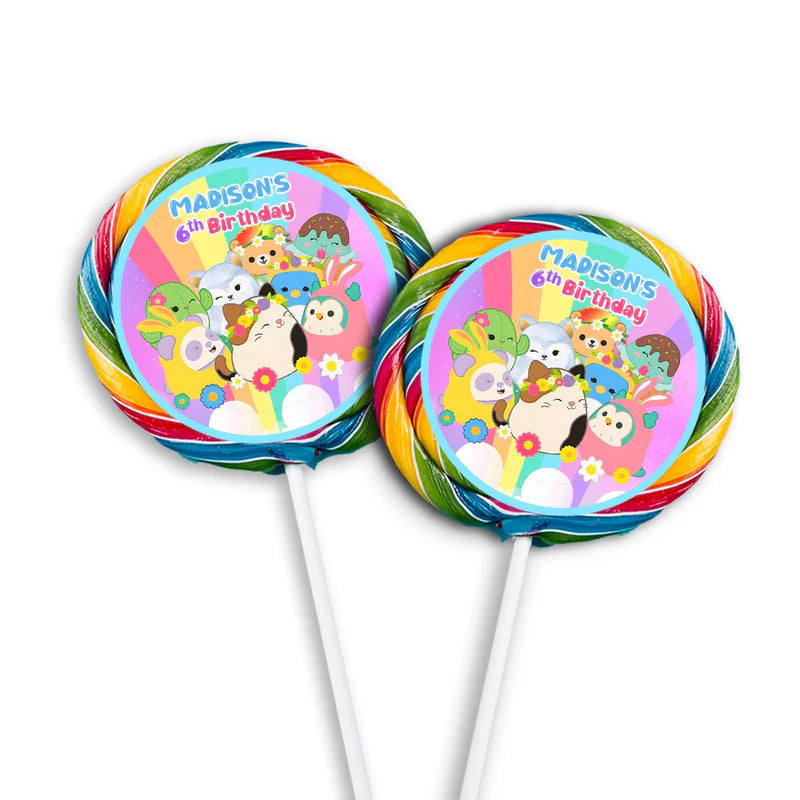 Squishmallows lollipop label, round sticker on lollipop.