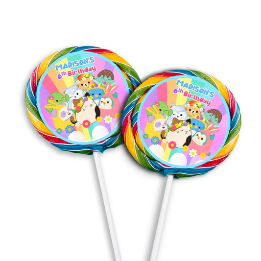 Squishmallows lollipop label, round sticker on lollipop.