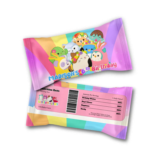 Squishmallows skittles label, wrapped candy package.