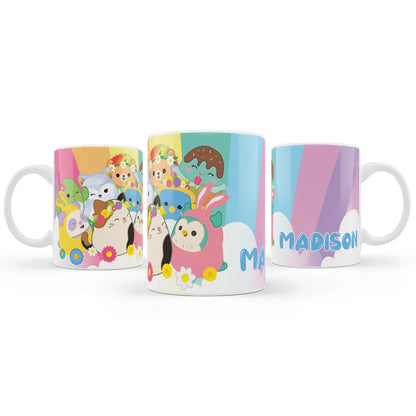 Squishmallows sublimation mug, vibrant character print, white ceramic.