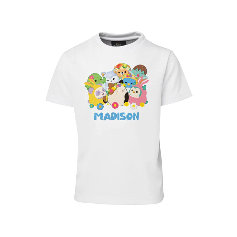 Squishmallows sublimation t-shirt, graphic print on white tee.