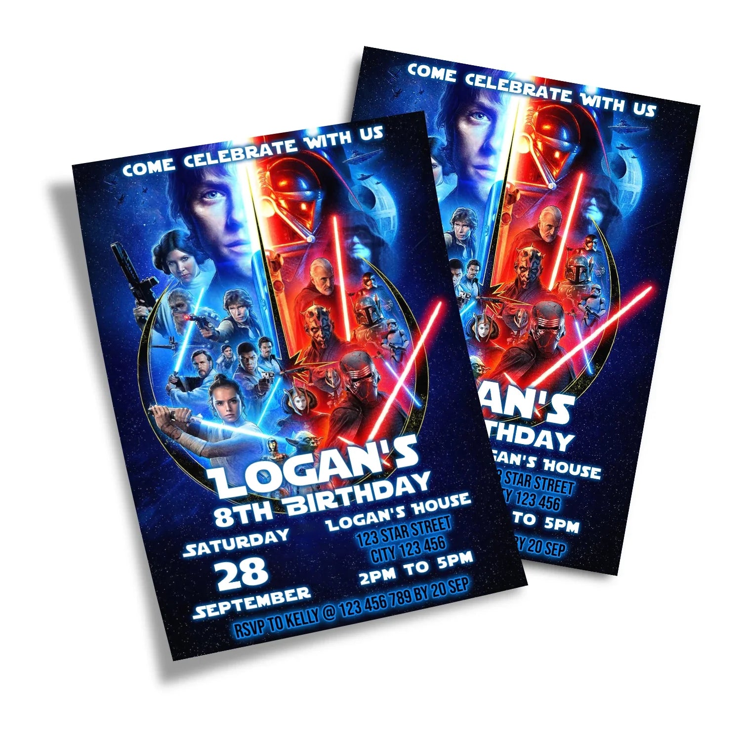 Star Wars Personalized Birthday Card Invitations with your party details and custom Star Wars graphics