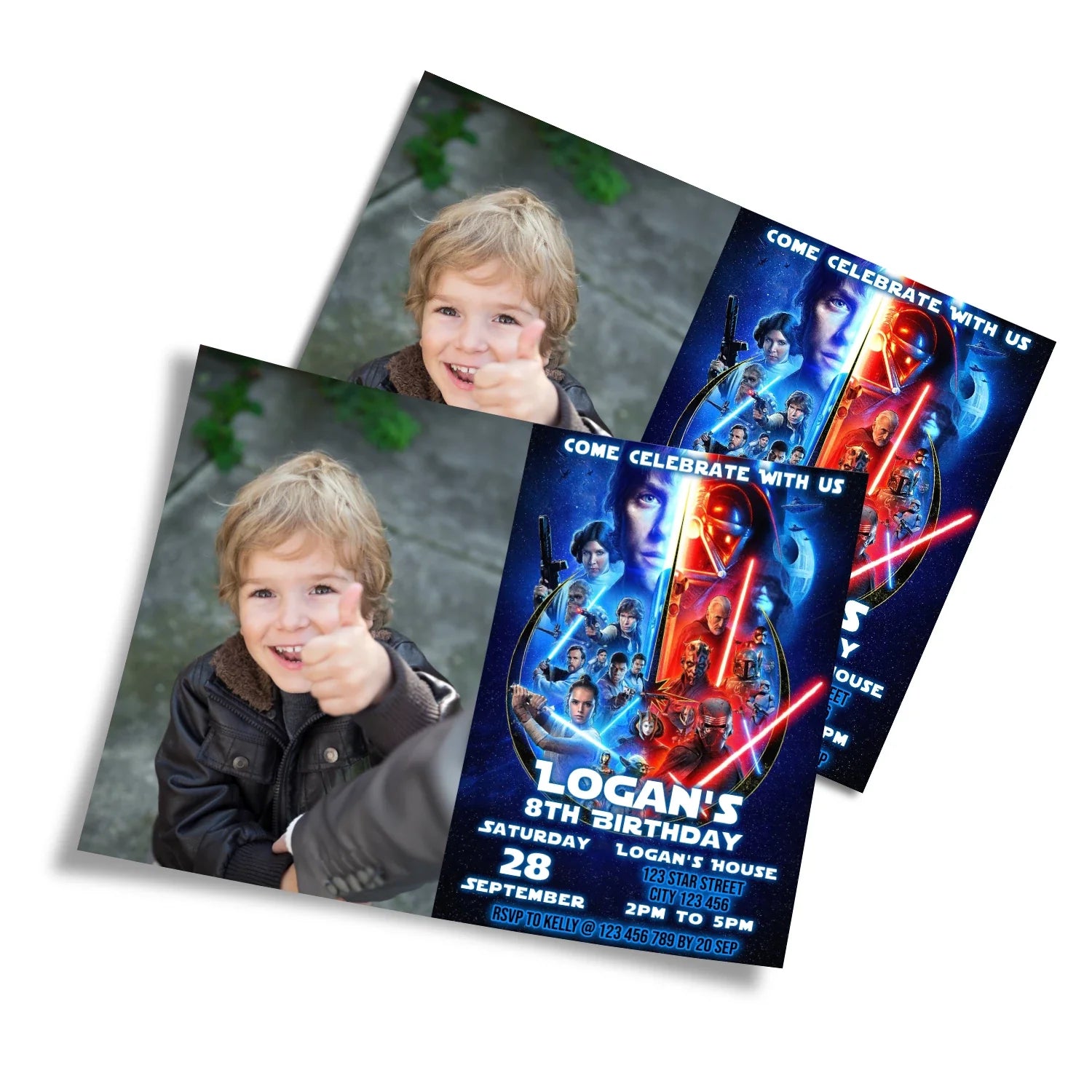 Star Wars Personalized Photo Card Invitations featuring your child's photo and Star Wars design