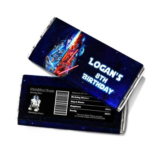 Star Wars Chocolate Label for custom wrapped candy bars featuring Star Wars graphics and your party details