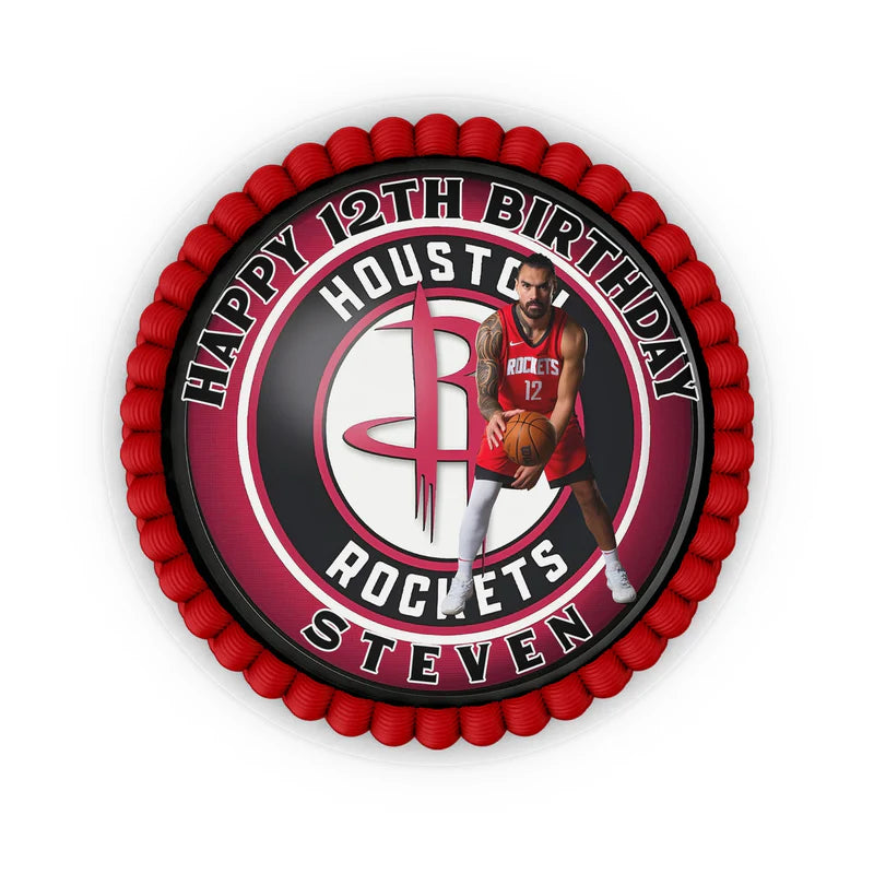 Steven Adams edible icing cake image with bold graphics and text, placed on round cake with white frosting