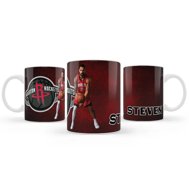 Steven Adams sublimation mug with full-wrap player design in bold colors, displayed on kitchen counter