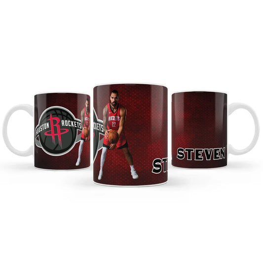 Steven Adams sublimation mug with full-wrap player design in bold colors, displayed on kitchen counter
