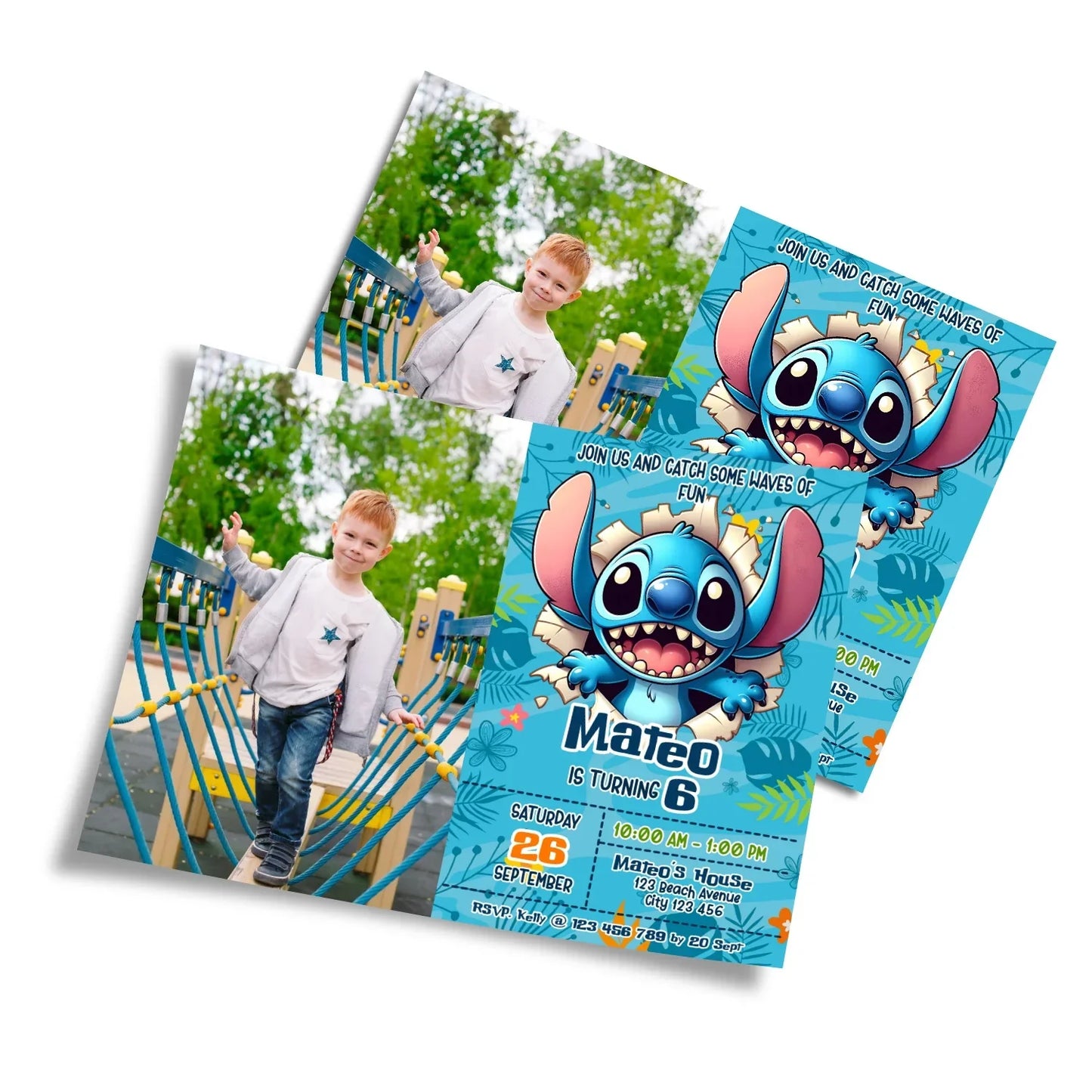 Stitch Personalized Photo Card Invitations with custom image and info