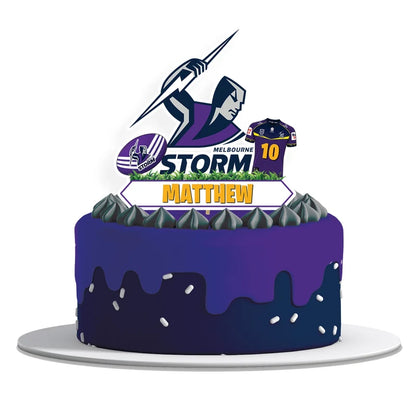 Melbourne Storm personalized cake toppers featuring athletic team logo graphics on a modern dessert t display