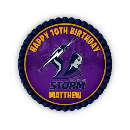 Melbourne Storm edible icing cake images with vibrant sports team logos placed on a frosted round cake