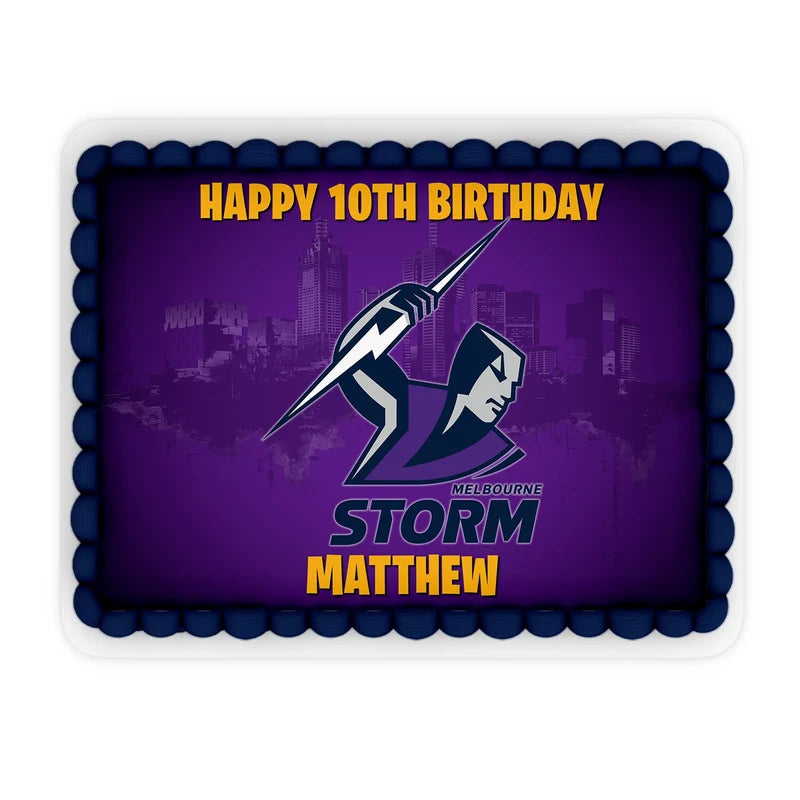 Melbourne Storm custom sheet cake images showing a purple and silver birthday layout on a large rectangle cake