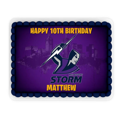 Melbourne Storm custom sheet cake images showing a purple and silver birthday layout on a large rectangle cake