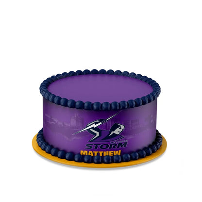 Melbourne Storm custom cake strips with purple and silver team color patterns displayed neatly on a clean white background
