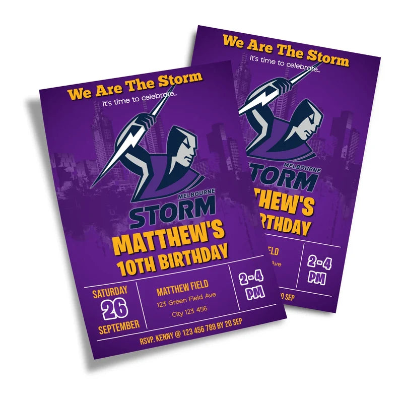 Melbourne Storm birthday card invitations displaying a bright purple and silver template layout on a minimal background