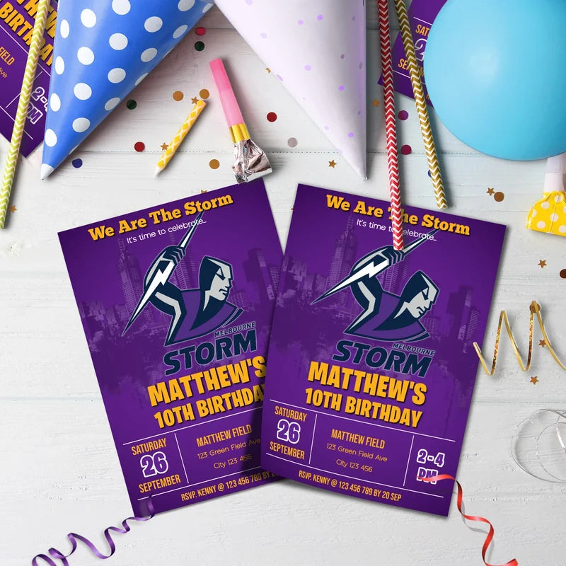 NRL Storm Birthday Decorations, NRL Rugby Party Supplies, Melbourne Storm Themed, Rugby Storm Digital Template, Editable Melbourne Storm Image SVG PNG