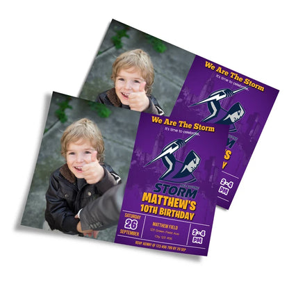 Melbourne Storm photo card invitations featuring a custom picture frame layout on a clean studio background