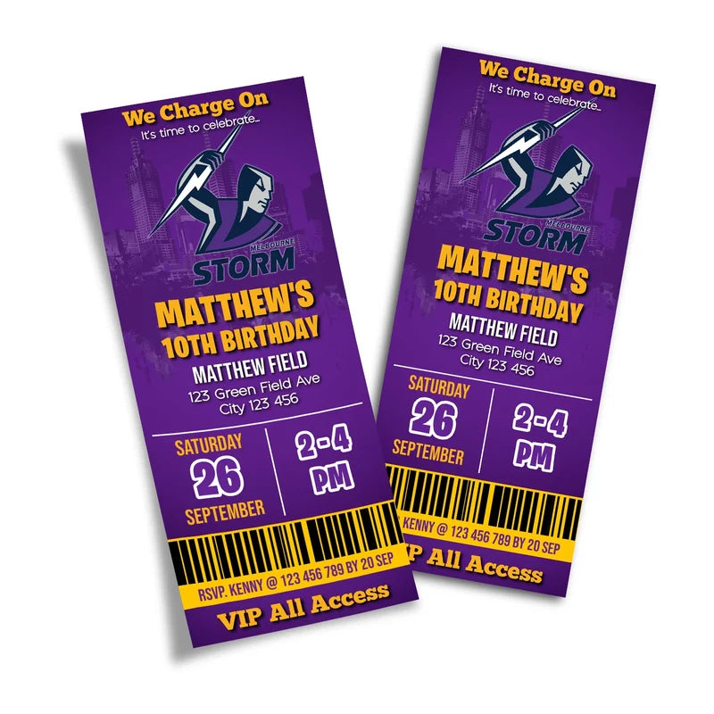 Melbourne Storm birthday ticket invitations showing a sports event pass style layout with bold typography