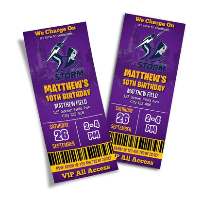 Melbourne Storm birthday ticket invitations showing a sports event pass style layout with bold typography