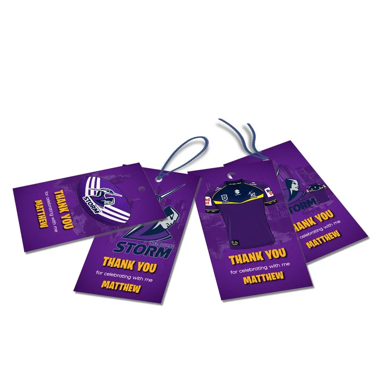 Melbourne Storm thank you tags with silver text accents displayed on a neatly wrapped party favor box