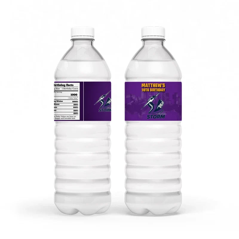 Melbourne Storm water bottle label wrap showing a sports party theme layout on a clear plastic bottle