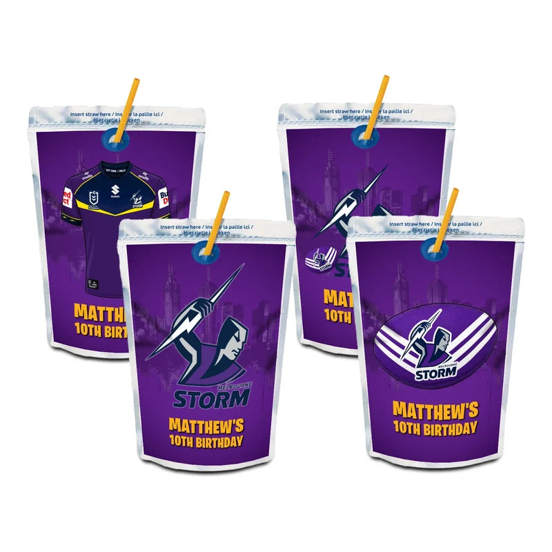 Melbourne Storm juice pouch label mockup featuring a team birthday design attached to a silver pouch