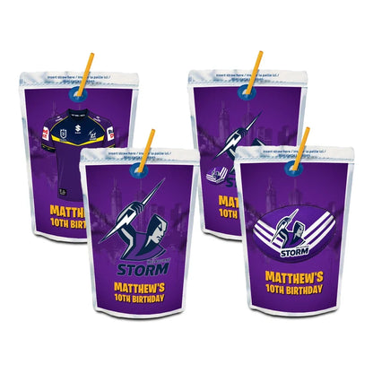 Melbourne Storm juice pouch label mockup featuring a team birthday design attached to a silver pouch