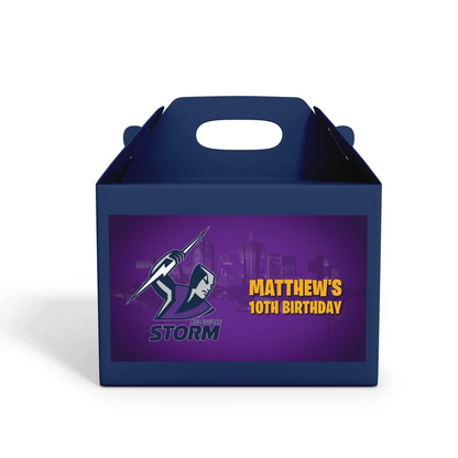 Melbourne Storm treat box label showing a purple custom design layout on a mini favor box container