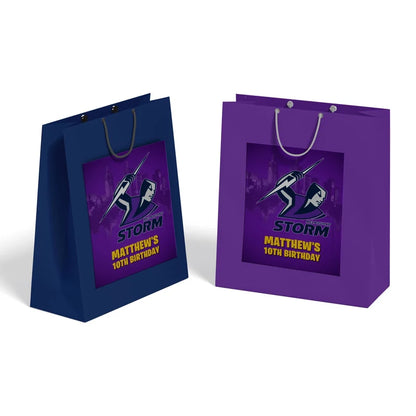 Melbourne Storm goodie bag label featuring a sports party theme design applied to a classic paper gift bag