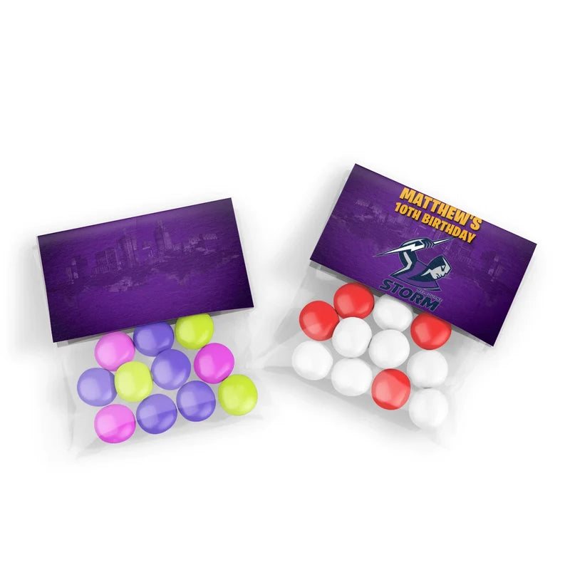 Melbourne Storm treat bag topper label showing a folded team paper design sealing a clear candy pouch