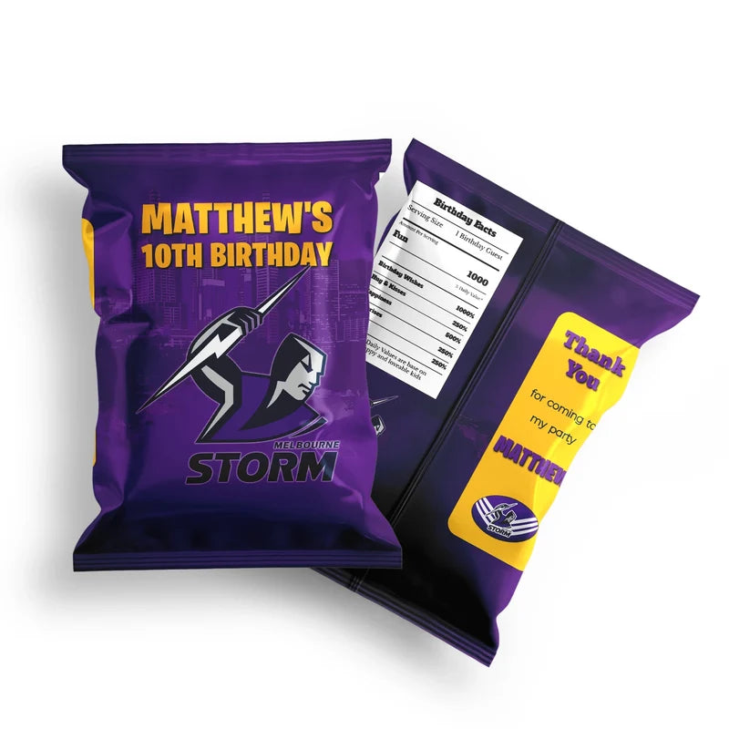 Melbourne Storm chips bag label mockup displaying a custom snack bag layout on a clean background