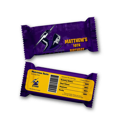 Melbourne Storm Rice Krispies treats and candy bar labels shown together in a sports party snack display