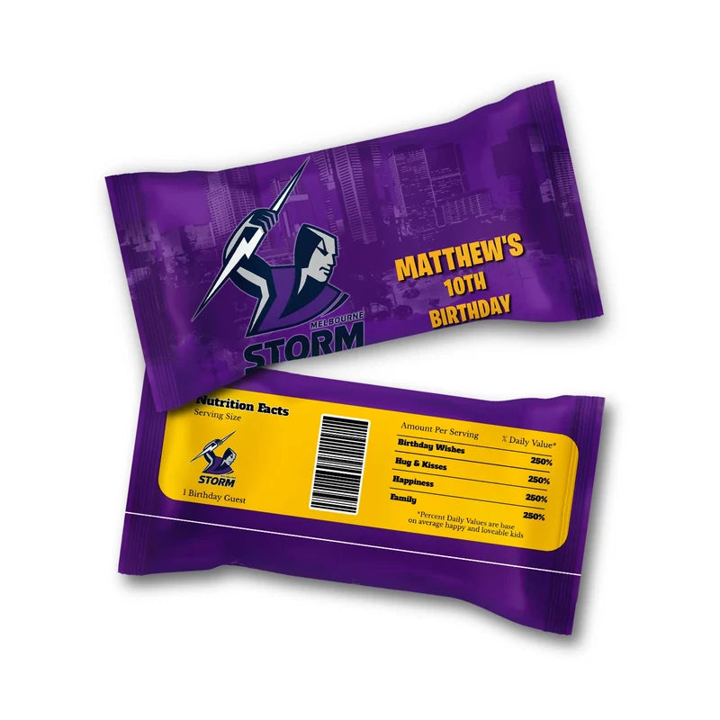 Melbourne Storm M&M Chocolate label wrap showing a team candy packaging layout displayed on a neat ttop