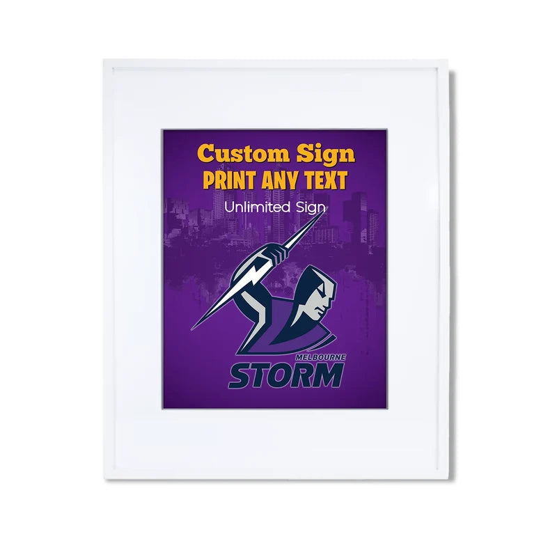 Melbourne Storm custom sign template featuring a sports party layout inside a modern white picture frame