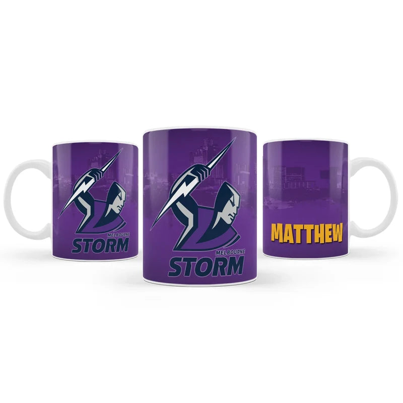Melbourne Storm sublimation mug design featuring a graphic layout wrapped around a white ceramic mug