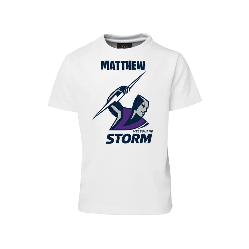 Melbourne Storm sublimation T-shirt mockup showing a graphic layouted on a white cotton shirt