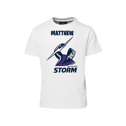 Melbourne Storm sublimation T-shirt mockup showing a graphic layouted on a white cotton shirt