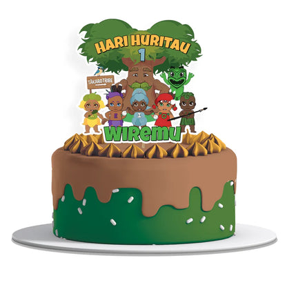Takaro Tribe cake toppers with personalized graphics on card stock