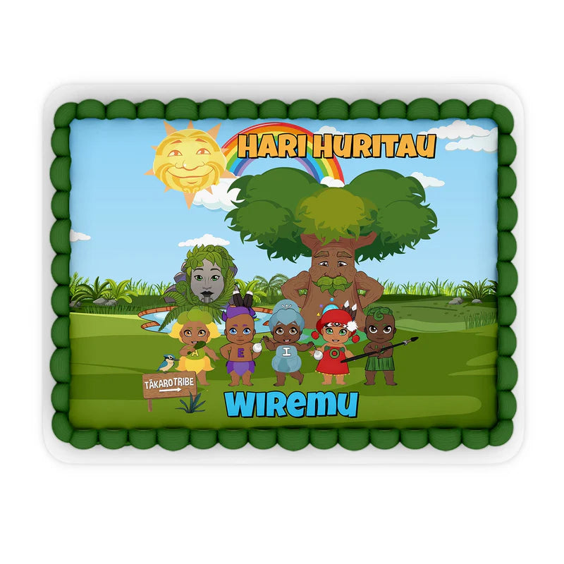 Takaro Tribe edible sheet cake topper with vibrant personalized artwork