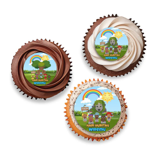 Takaro Tribe cupcakes toppers with themed graphics on round designs