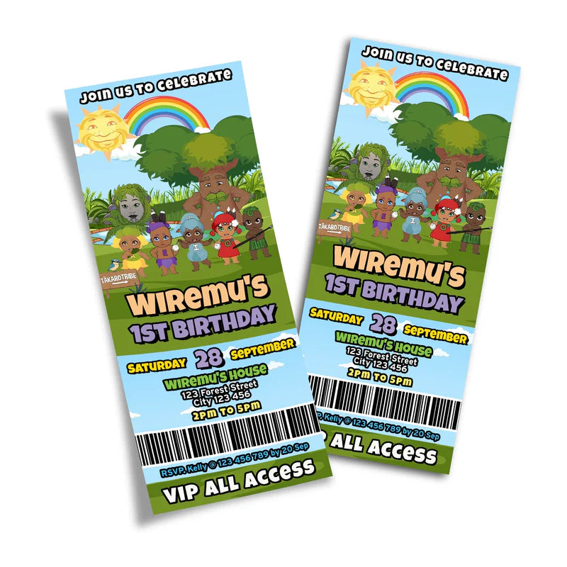 Takaro Tribe birthday ticket invitations with colorful party theme