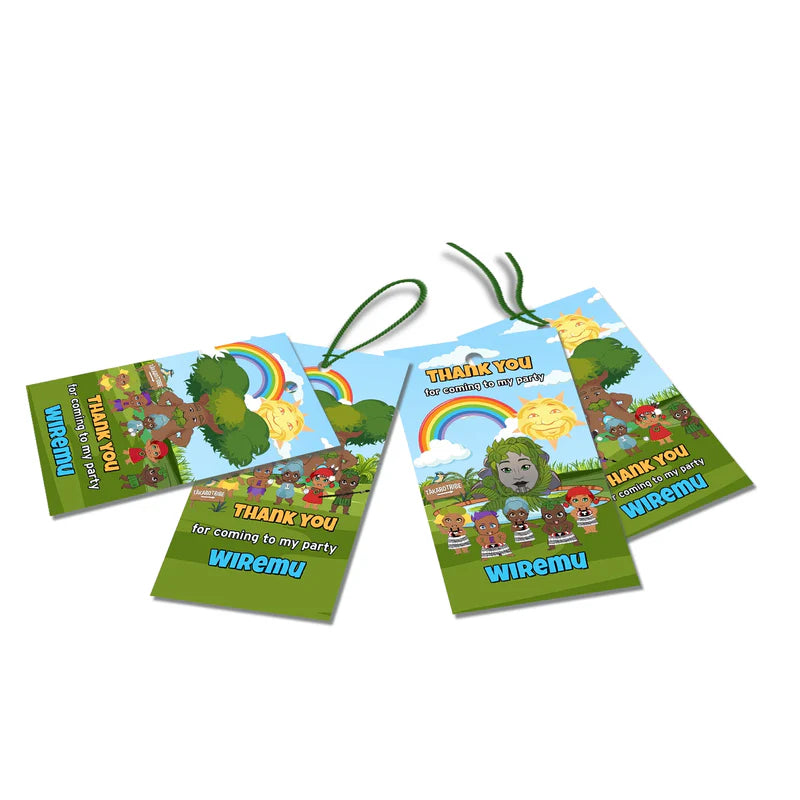 Takaro Tribe thank you tags with custom wording and themed accents