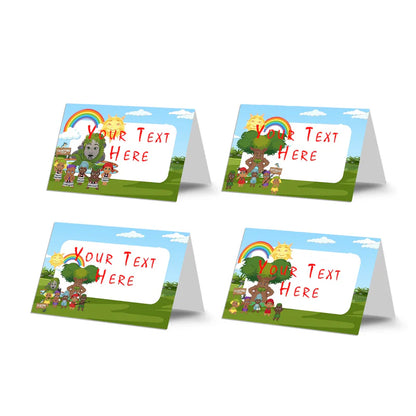 Takaro Tribe food cards with playful graphics on white background