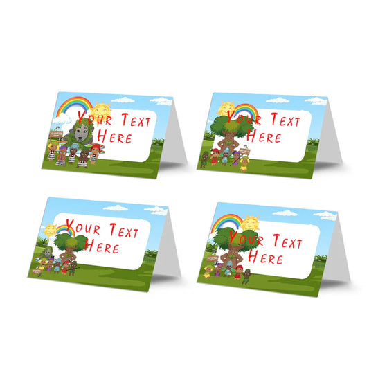 Takaro Tribe food cards with playful graphics on white background