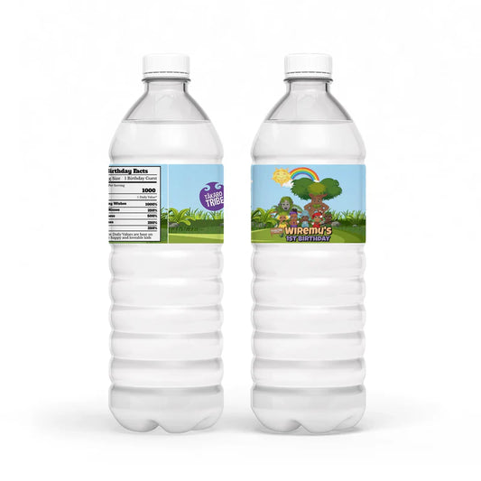 Takaro Tribe water bottle label with colorful personalized design