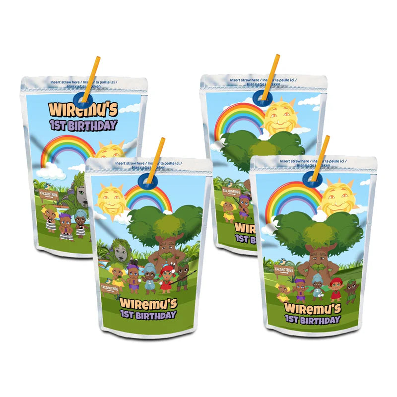 Takaro Tribe juice pouch label with custom theme and bright colors