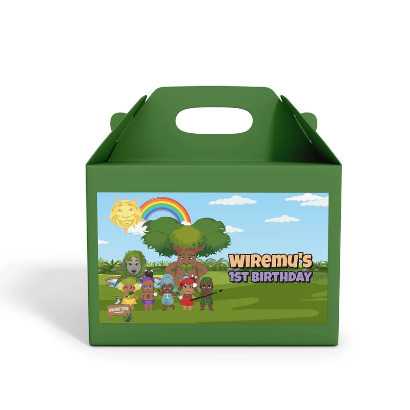 Takaro Tribe treat box label with fun party design on flat surface