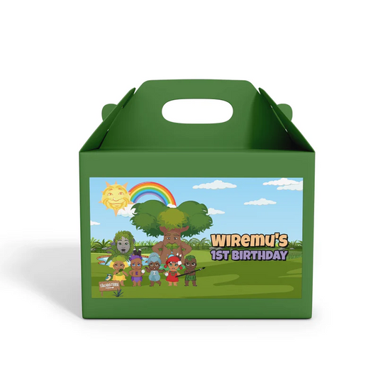 Takaro Tribe treat box label with fun party design on flat surface